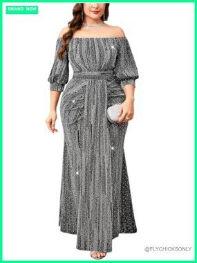 Plus Size Sparkly Formal Dress Off Shoulder Puff Sleeve Mermaid Maxi Evening